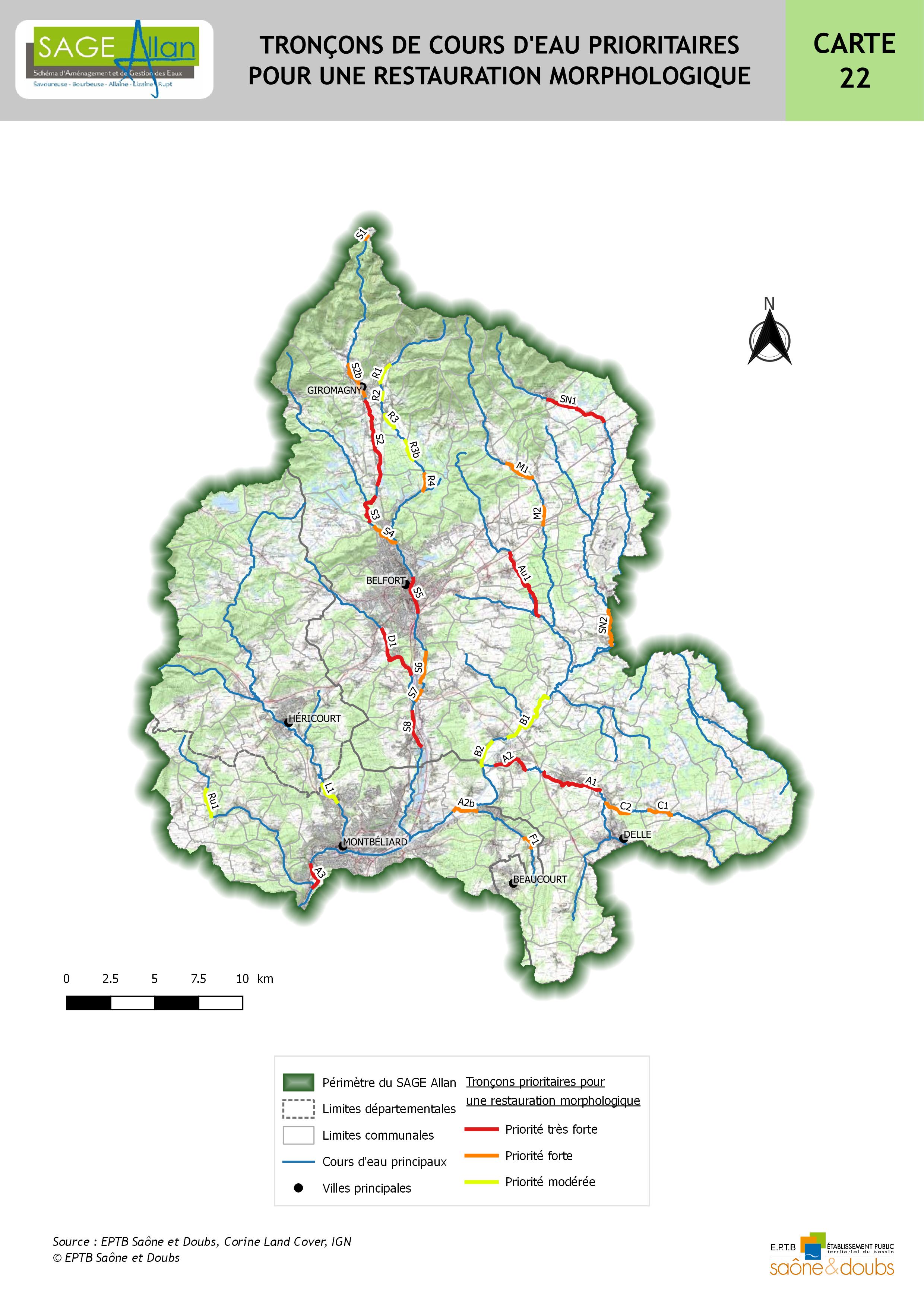 Tronçons de cours d'eau prioritaires du SAGE Allan pour une restauration morphologique